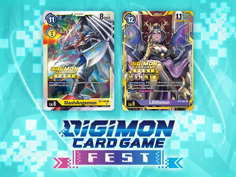 Ankündigungsbild des Digimon Card Game Fest. Zeigt die Karten SlashAngemon und Lilithmon